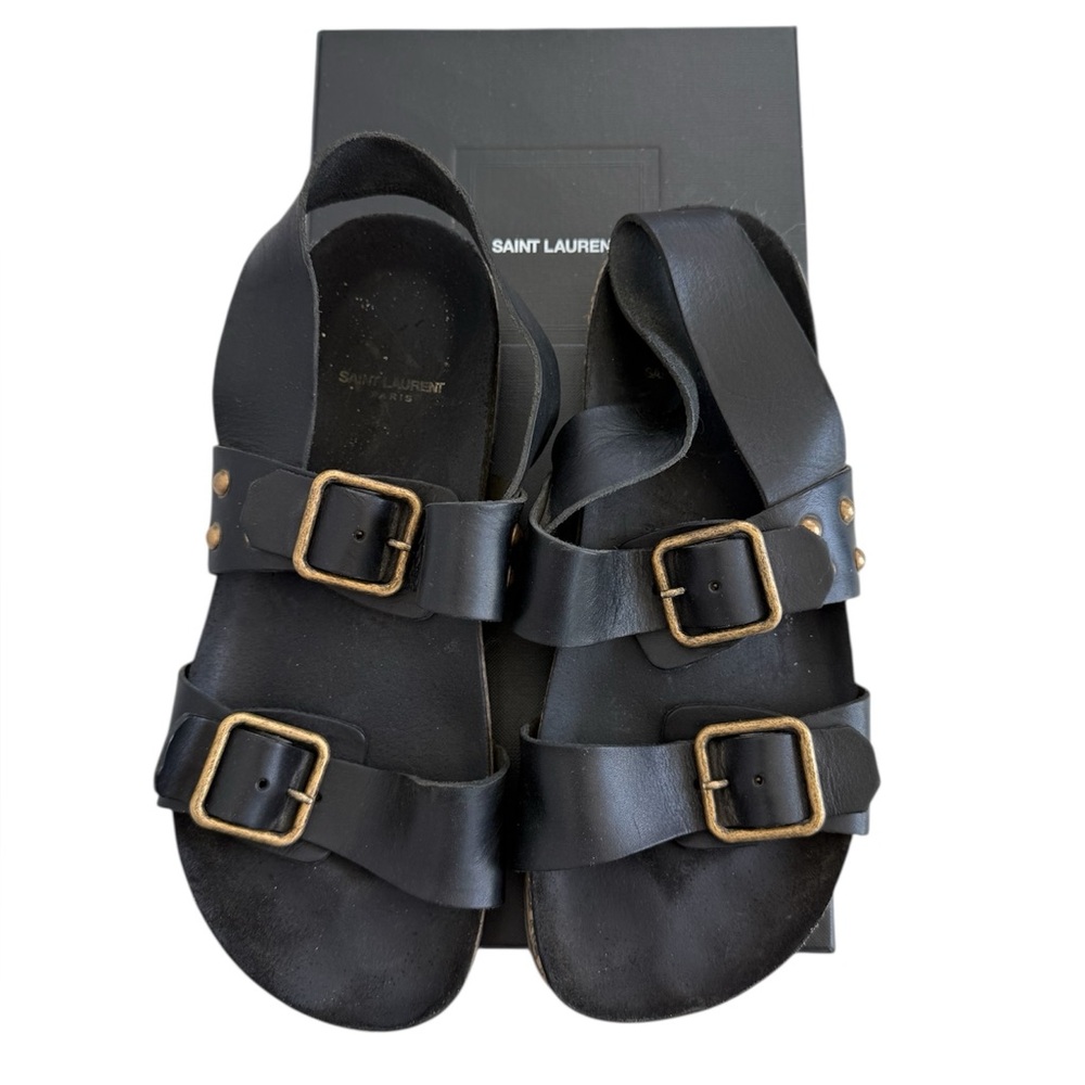 Saint Laurent 37.5 Jam Flat Slingback sandals black leather gold luxury summer